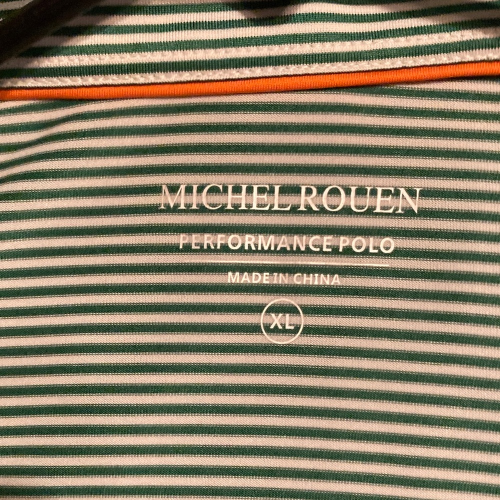 Michel Rouen Green and White Striped Performance Polo with Orange Trim